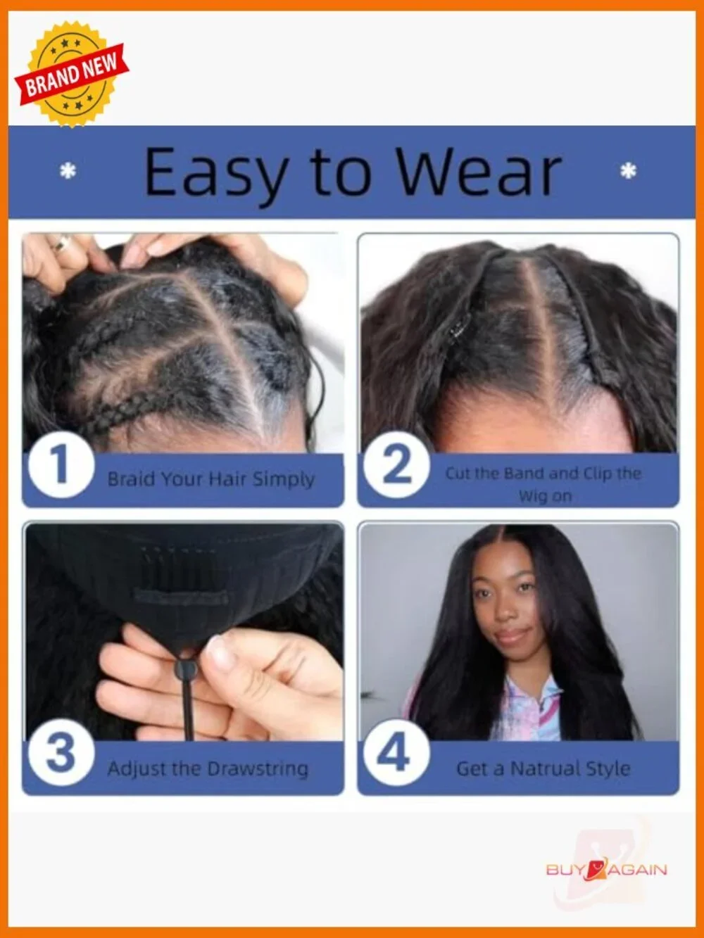 V Part Wig Human Hair Kinky Straight 250% Density Glueless Clip In Drawstring